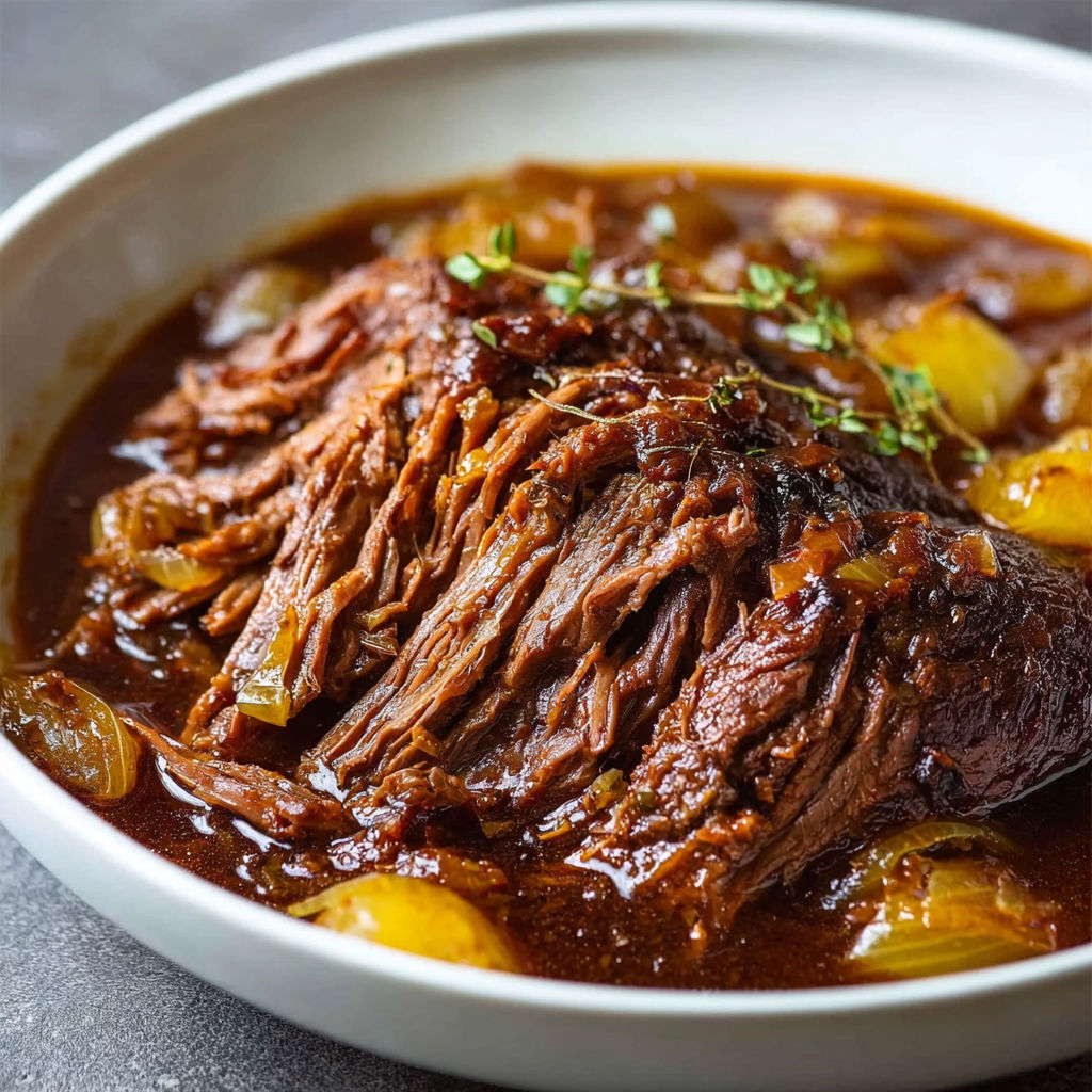 Plat de bœuf fondant dans un bouillon onctueux accompagné d'oignons et de pommes