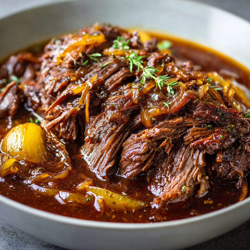 Un bœuf effiloché tout doux aux oignons dorés et sauce savoureuse.