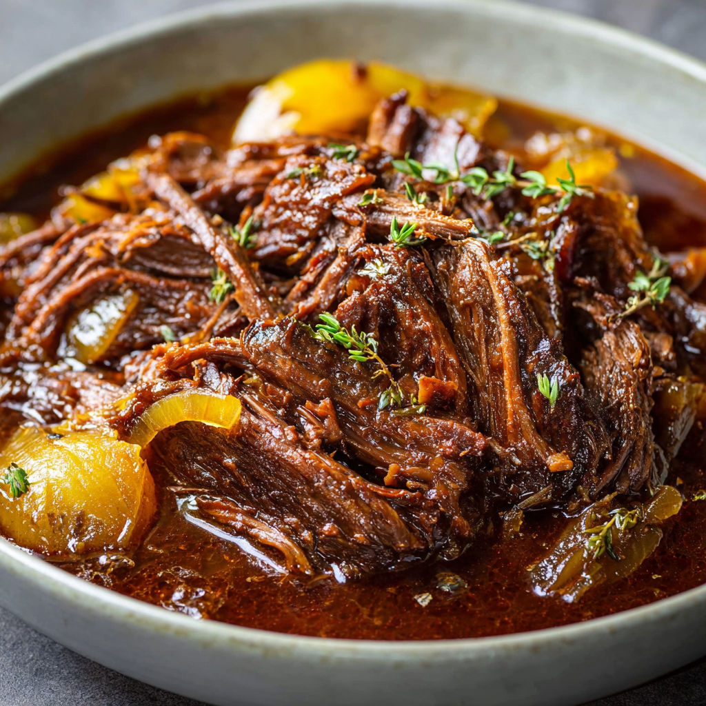 Un bœuf ultra fondant effiloché dans une sauce riche et parfumée.