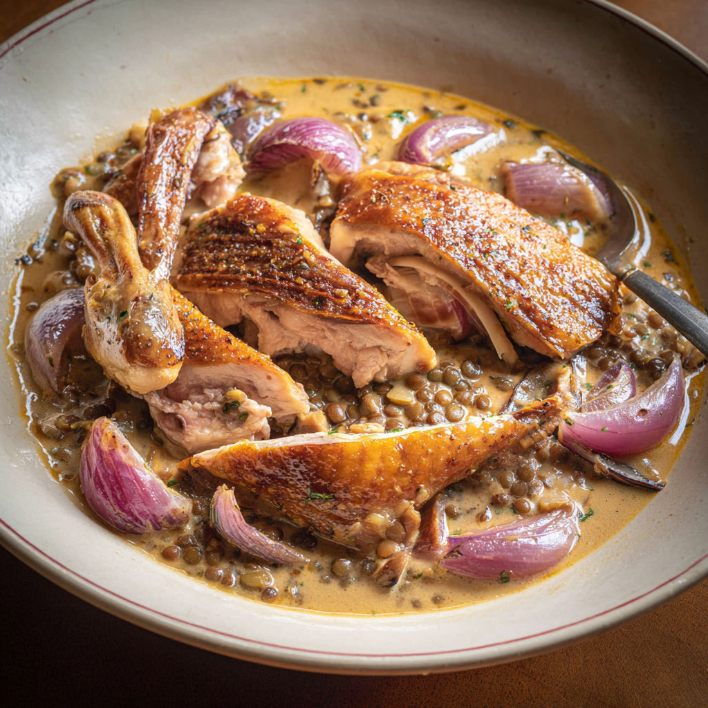 Un plat de pintade à l’auvergnate accompagné de légumes et d’herbes sur une table rustique.