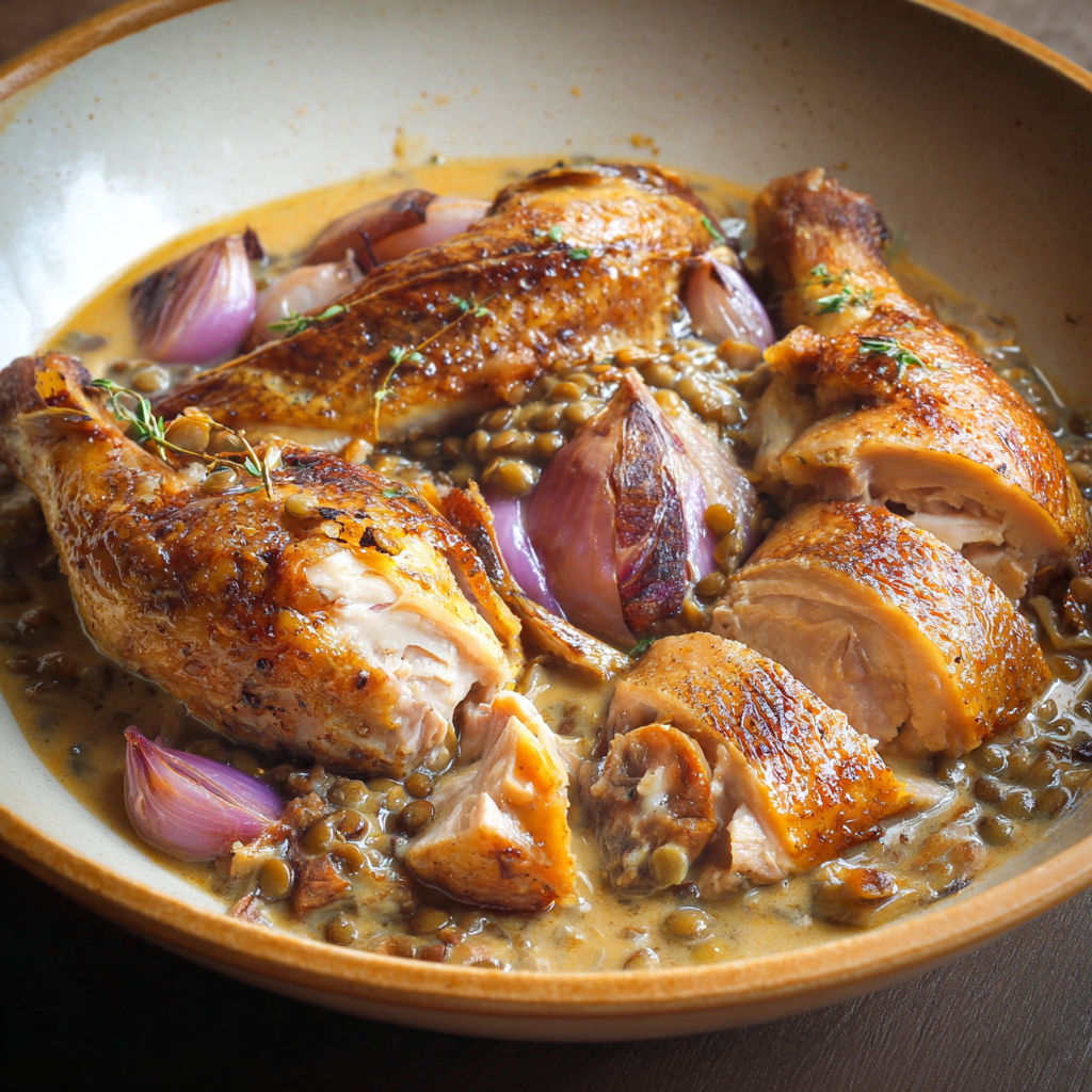 Pintade à l’auvergnate dans un grand bol en céramique.