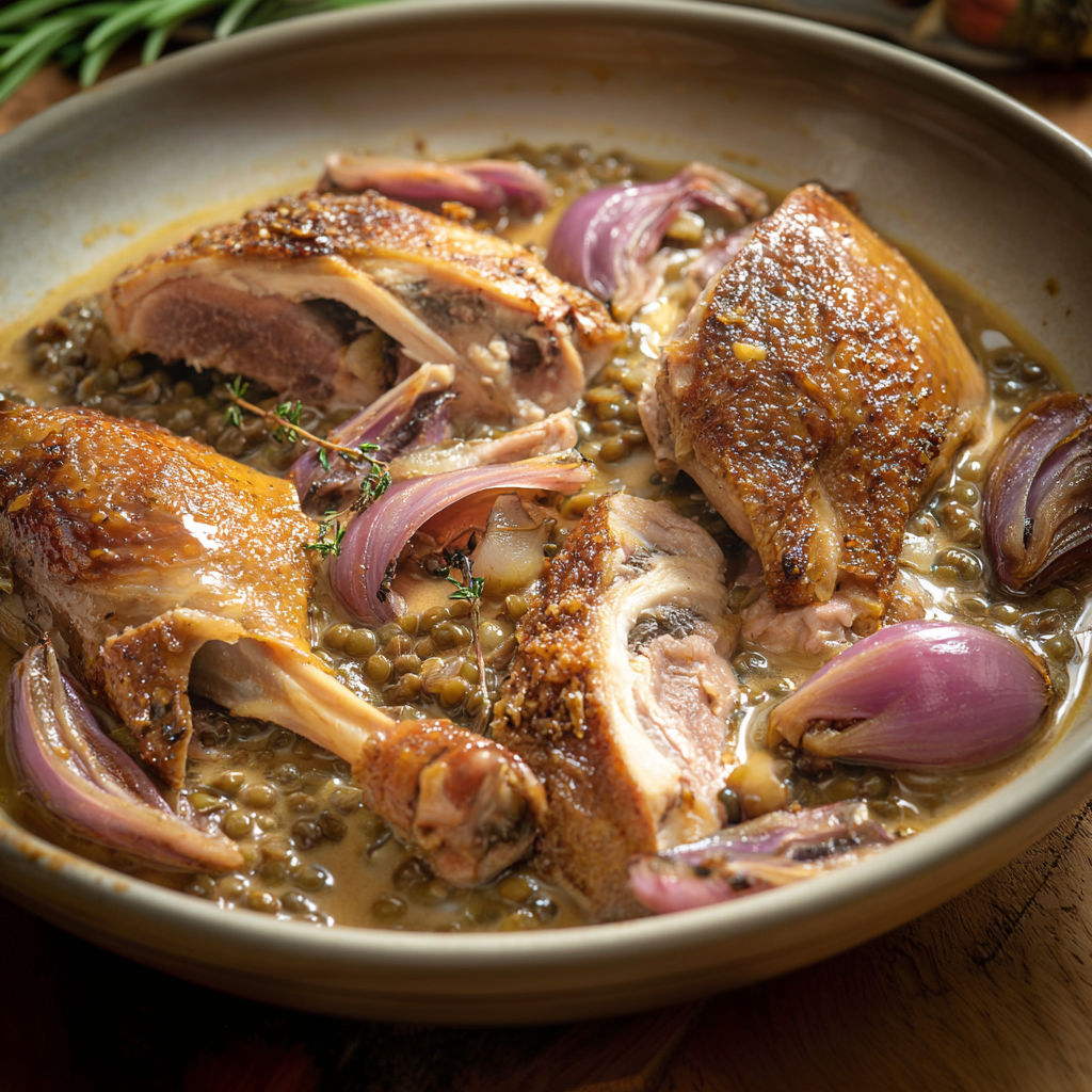 Pintade à l’auvergnate servie sur une table en céramique.