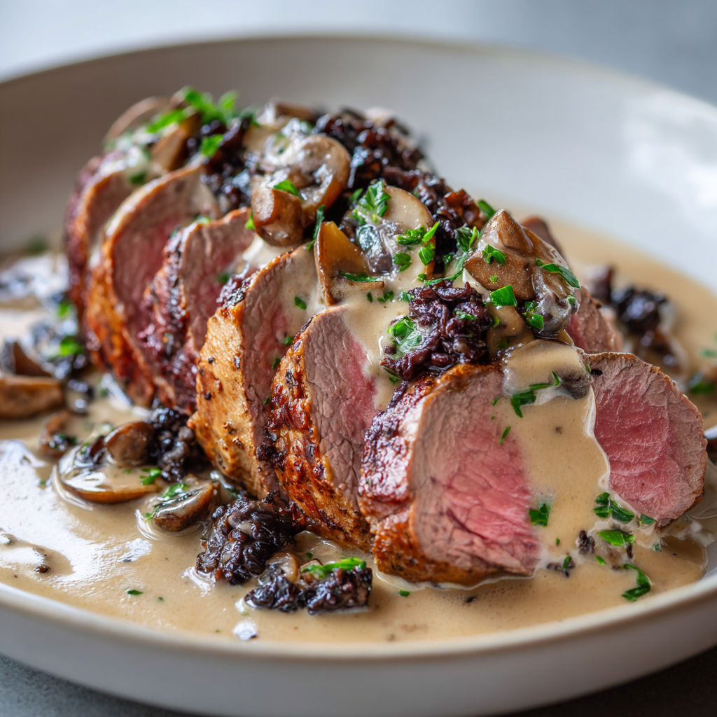 Un plat élégant avec un filet tendre et sa sauce trompette de la mort.