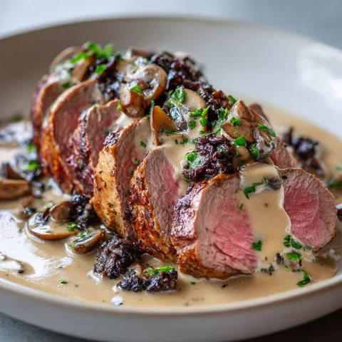 Un plat élégant avec un filet tendre et sa sauce trompette de la mort.