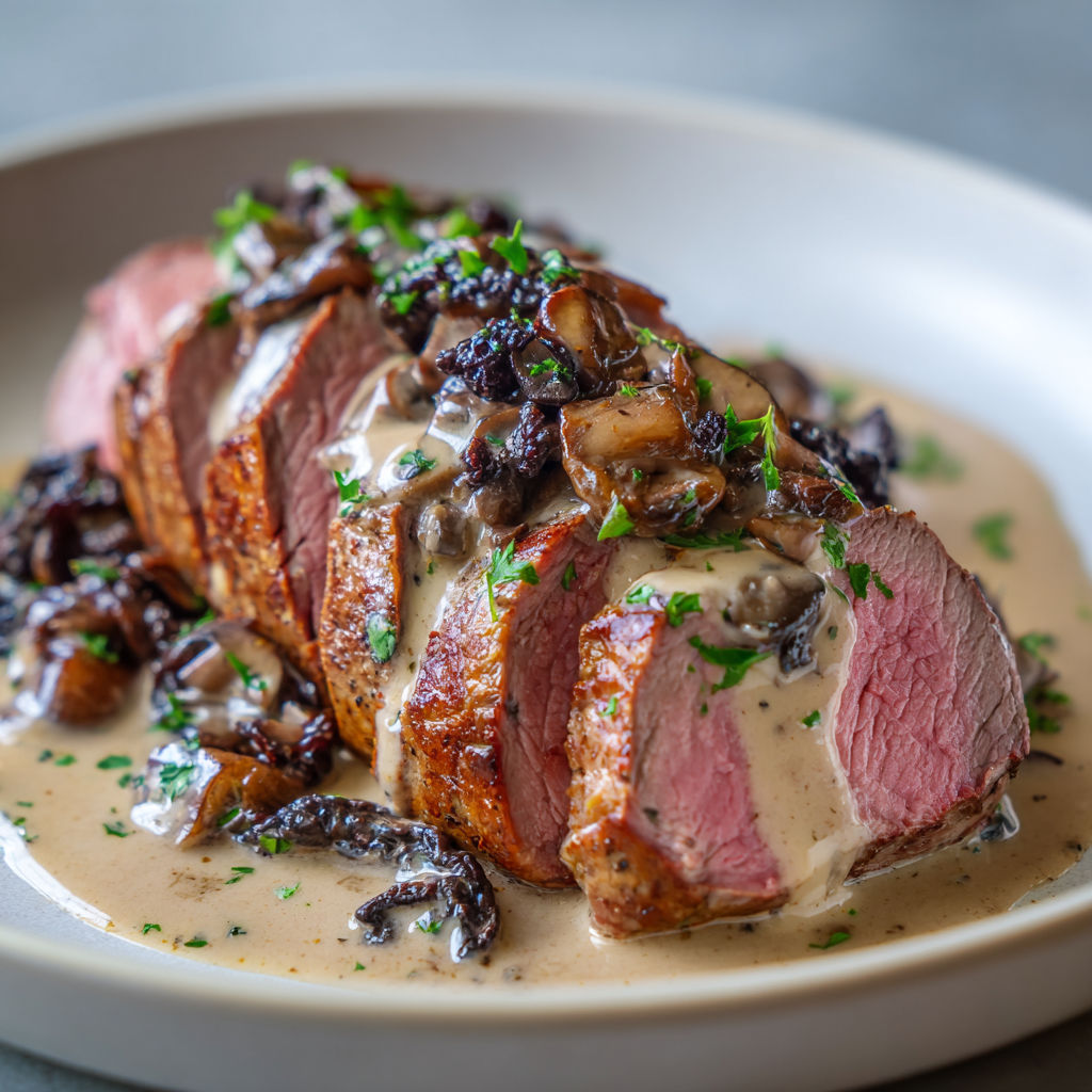 Filet de bœuf ultra fondant et sauce crémeuse aux trompettes.