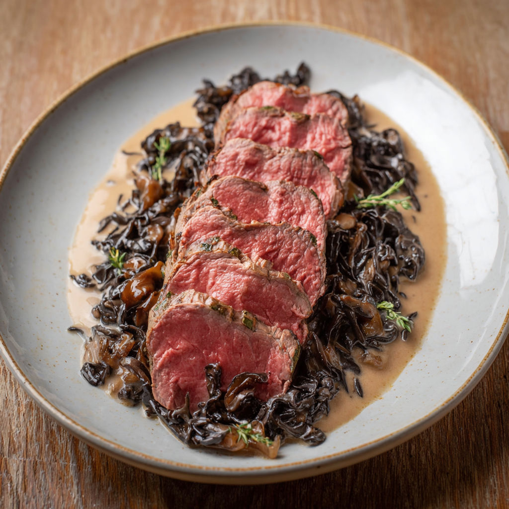 Filet de bœuf basse température et sauce onctueuse aux champignons noirs.