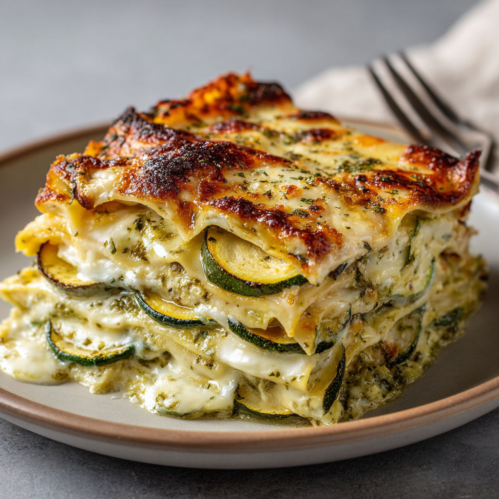 Part de lasagne courgette mozza sur une assiette.