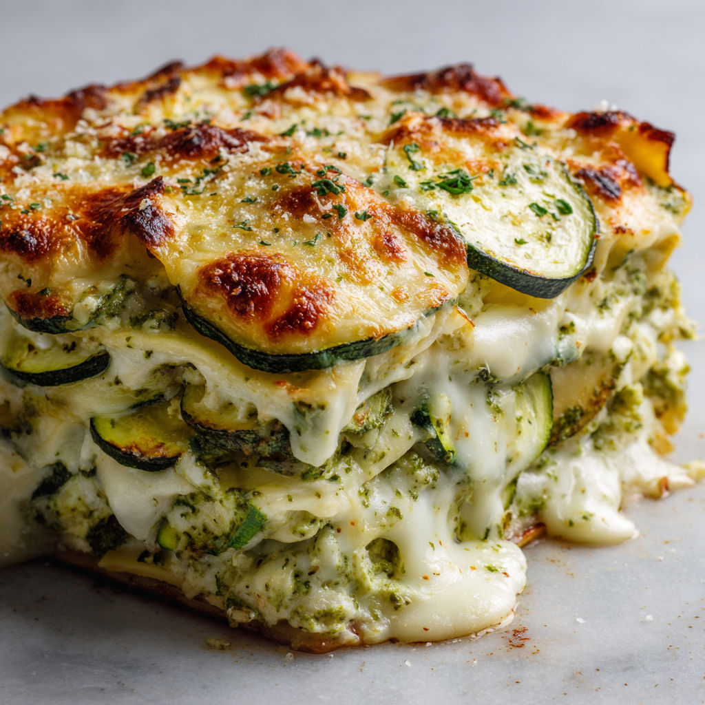 Lasagne courgette mozza, garnie de courgettes et d’herbes fraîches.