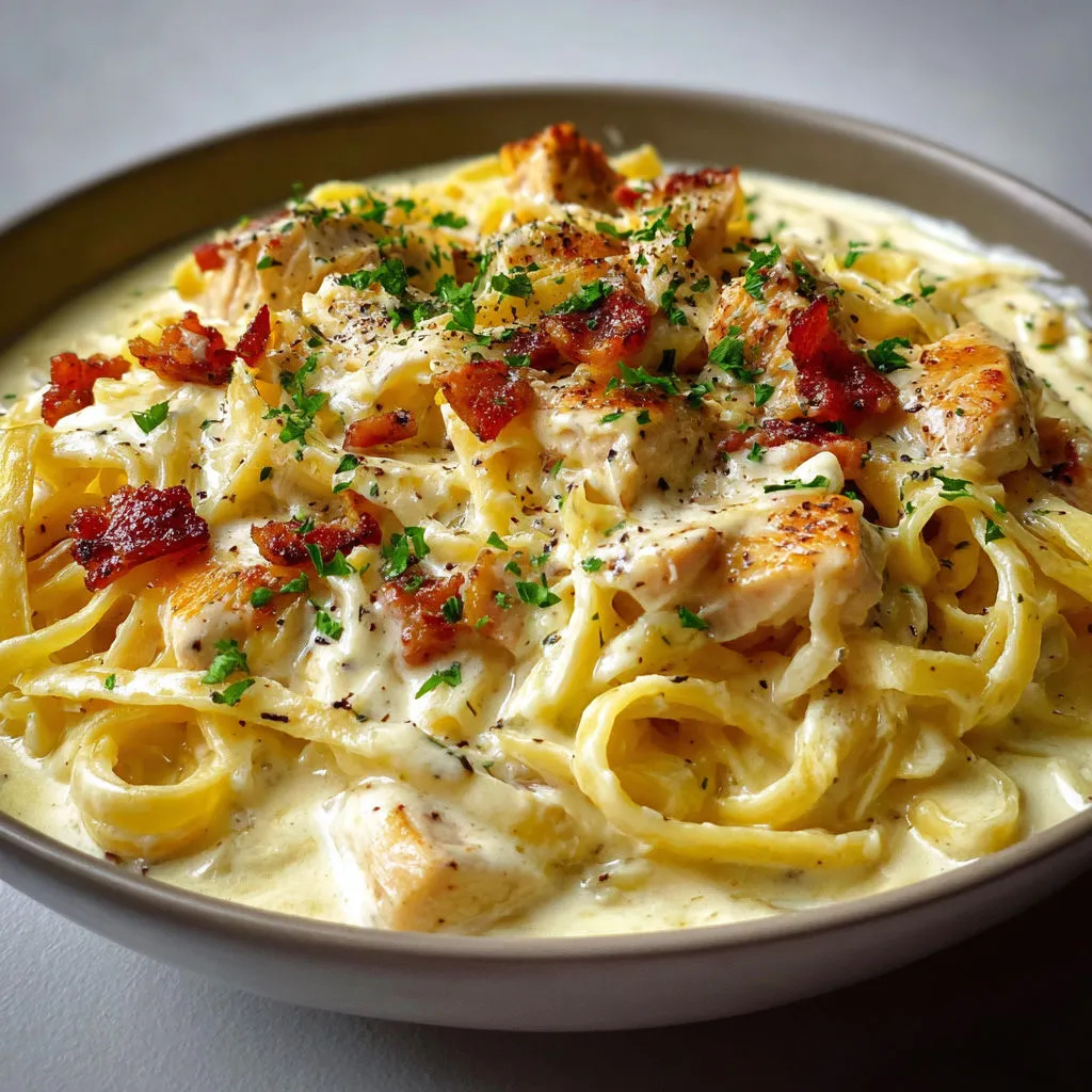 Un plat de pâtes bien crémeuses au poulet doré et parmesan qui fond à vue d’œil.