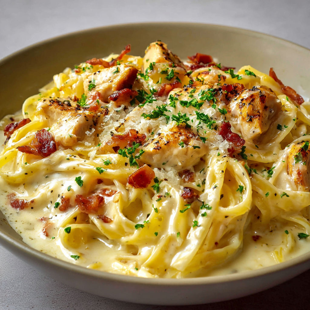 Des tagliatelles bien généreuses au poulet et sauce crémeuse inspirées d’Italie.
