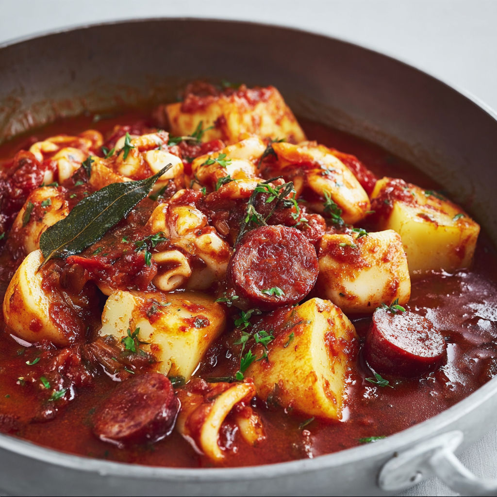 Calmars mijotés ultra tendres au chorizo et pommes de terre fondantes.