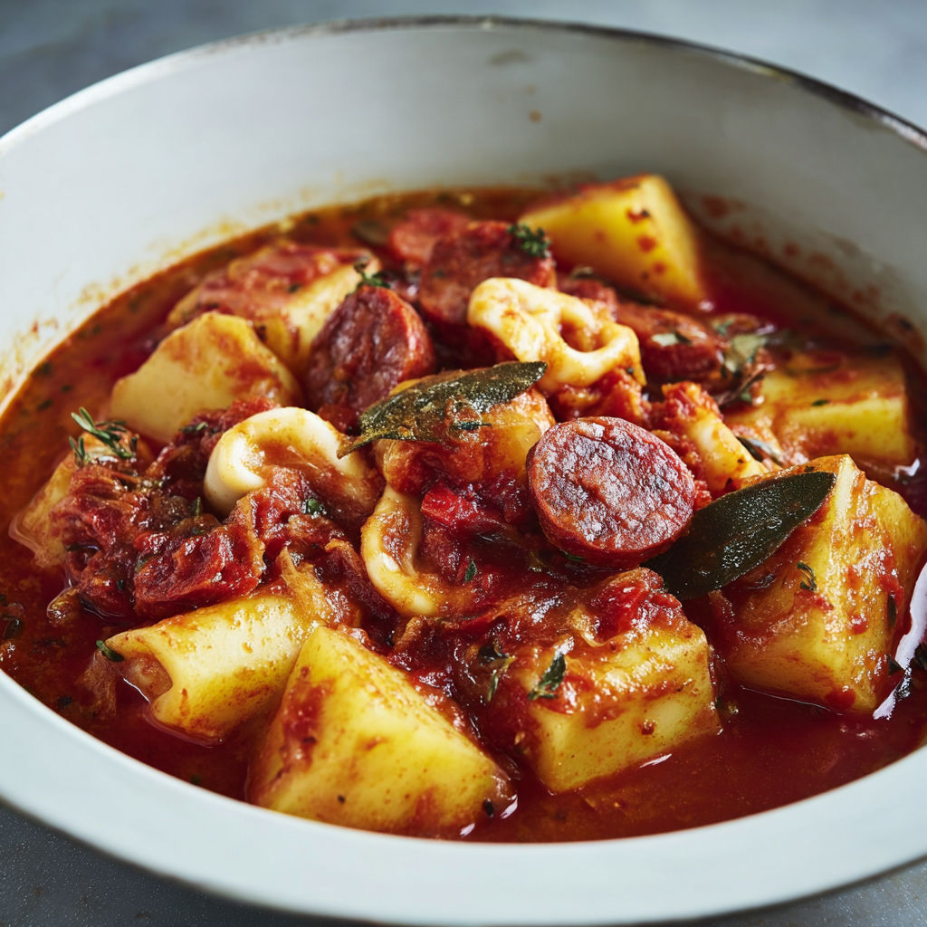 Calmars mijotés au chorizo et sauce tomate parfumée sur la table.