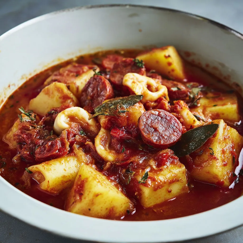 Calmars mijotés au chorizo et sauce tomate parfumée sur la table.