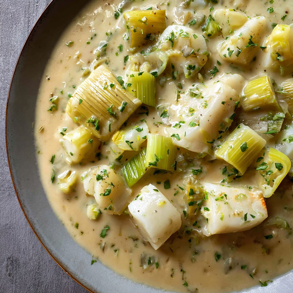 Des poireaux nappés de sauce crémeuse au poiré avec des herbes fraîches.