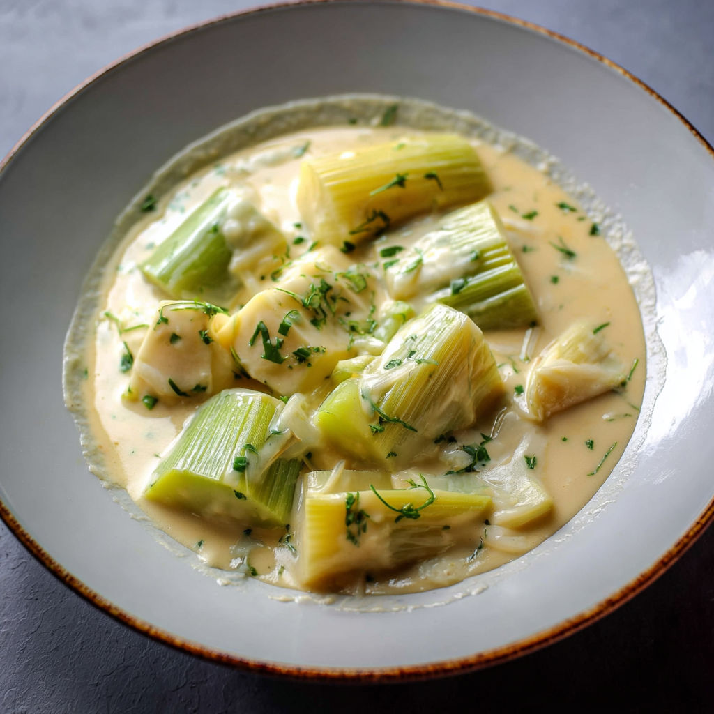 Blanquette bien crémeuse de poireaux avec poiré et crème fondante.