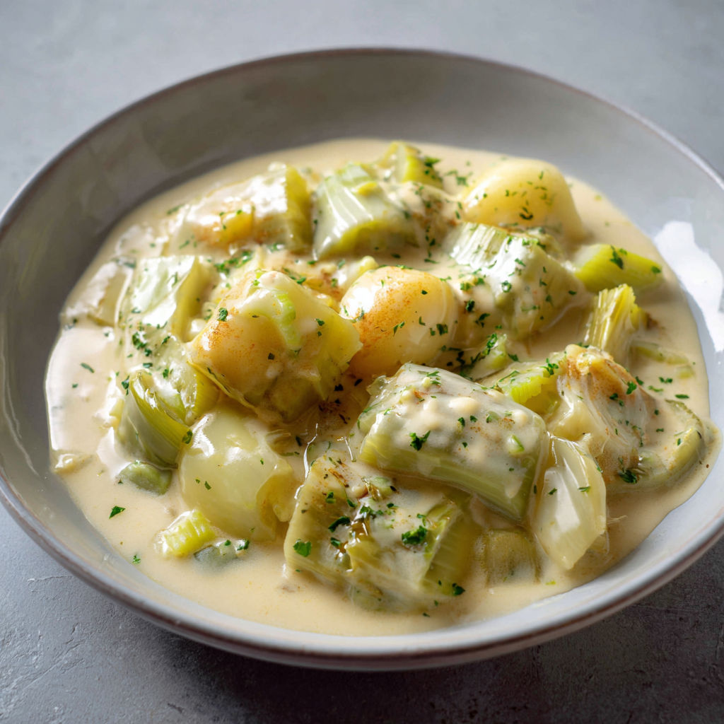 Une belle assiette de poireaux crémeux au poiré artisanal.
