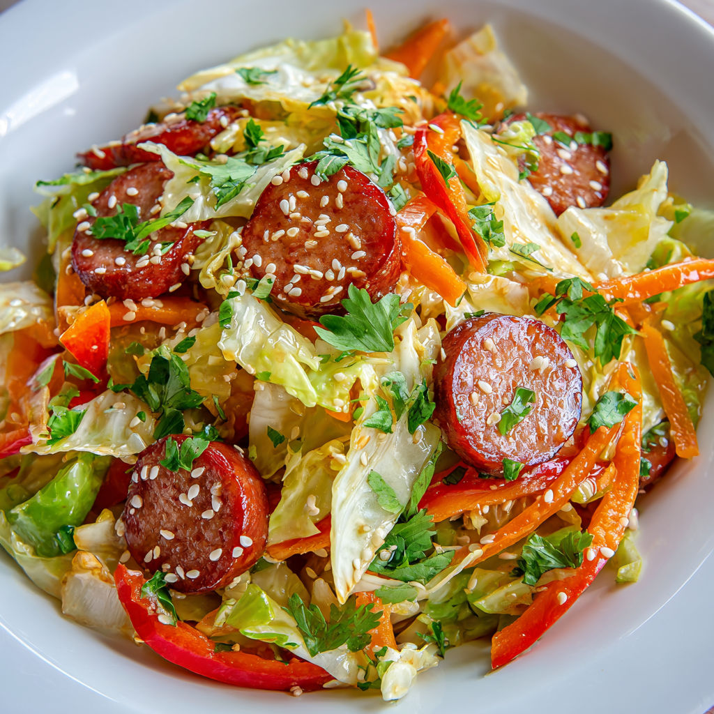 Un bol blanc rempli de salade au chou et à la saucisse Montbéliard.