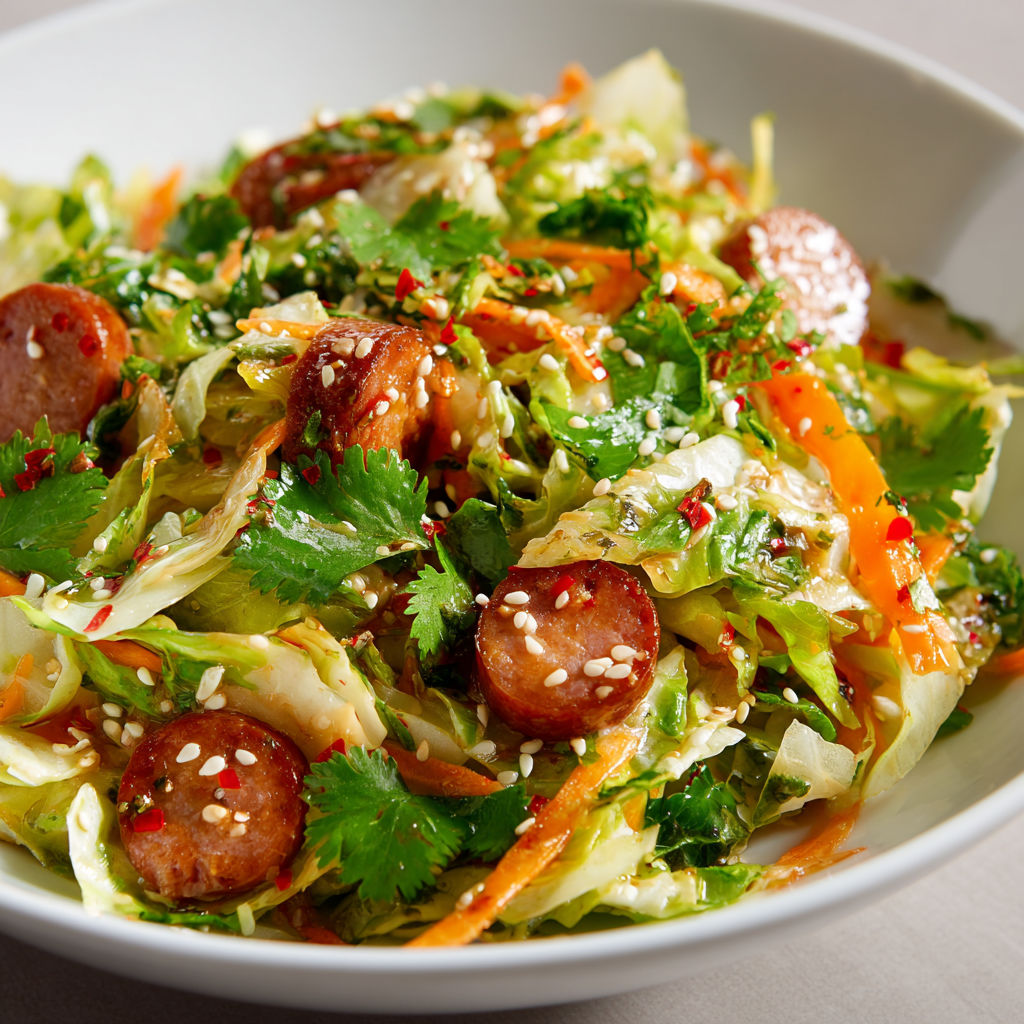 Salade toute fraîche chou-carotte et tranches de Montbéliard façon asiatique.