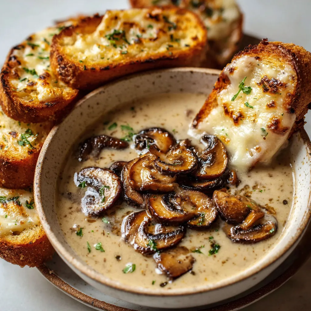 Un velouté savoureux de champignons servi avec du pain gratiné à l'ail pour un moment réconfortant.