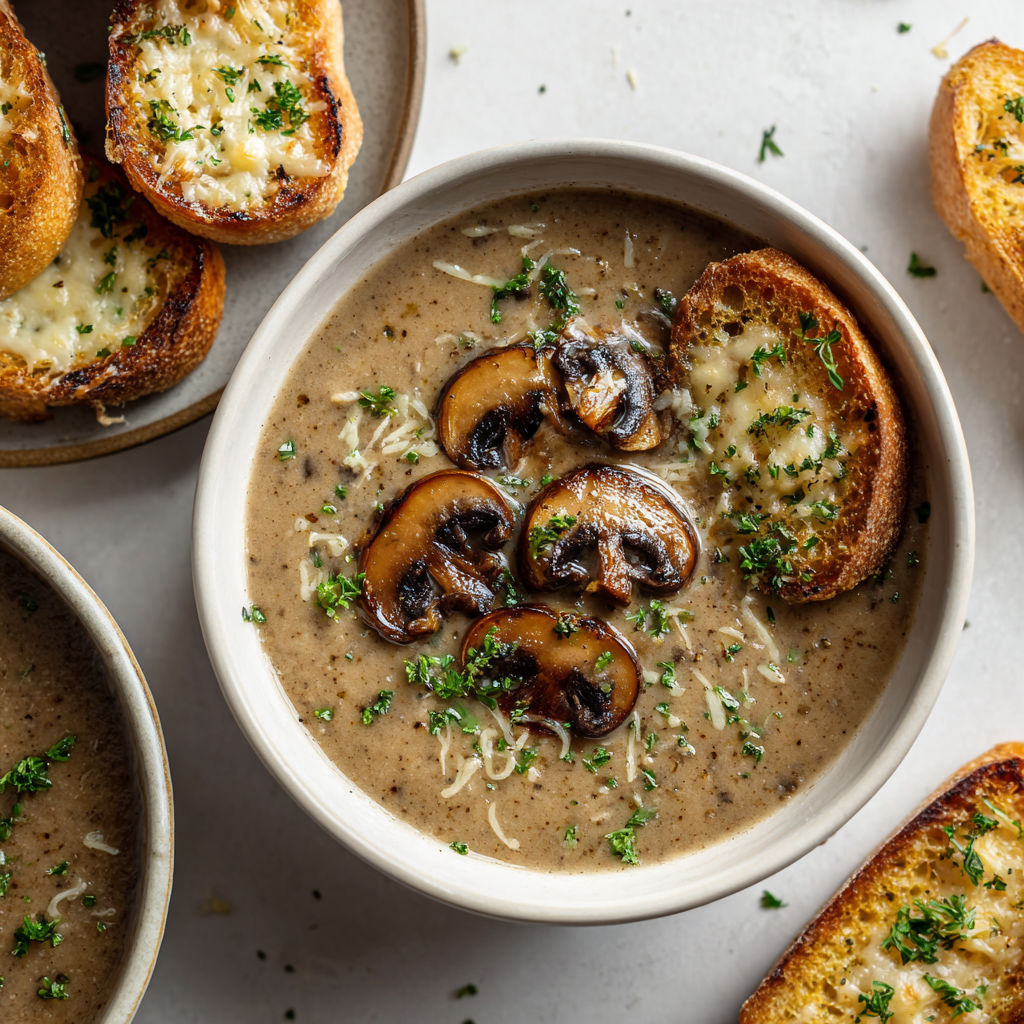 Une bonne soupe de champignons avec du pain gratiné à l'ail, super doudou pour le soir.