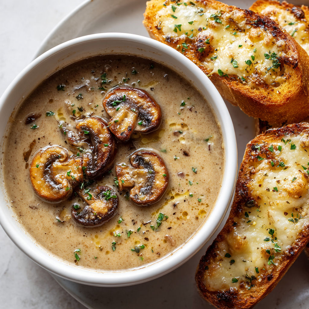 Une soupe de champignons et du pain à l’ail gratiné, duo cocooning par excellence.