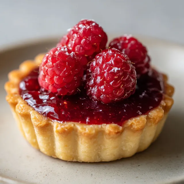 Tartelettes aux framboises joliment disposées sur un plateau.
