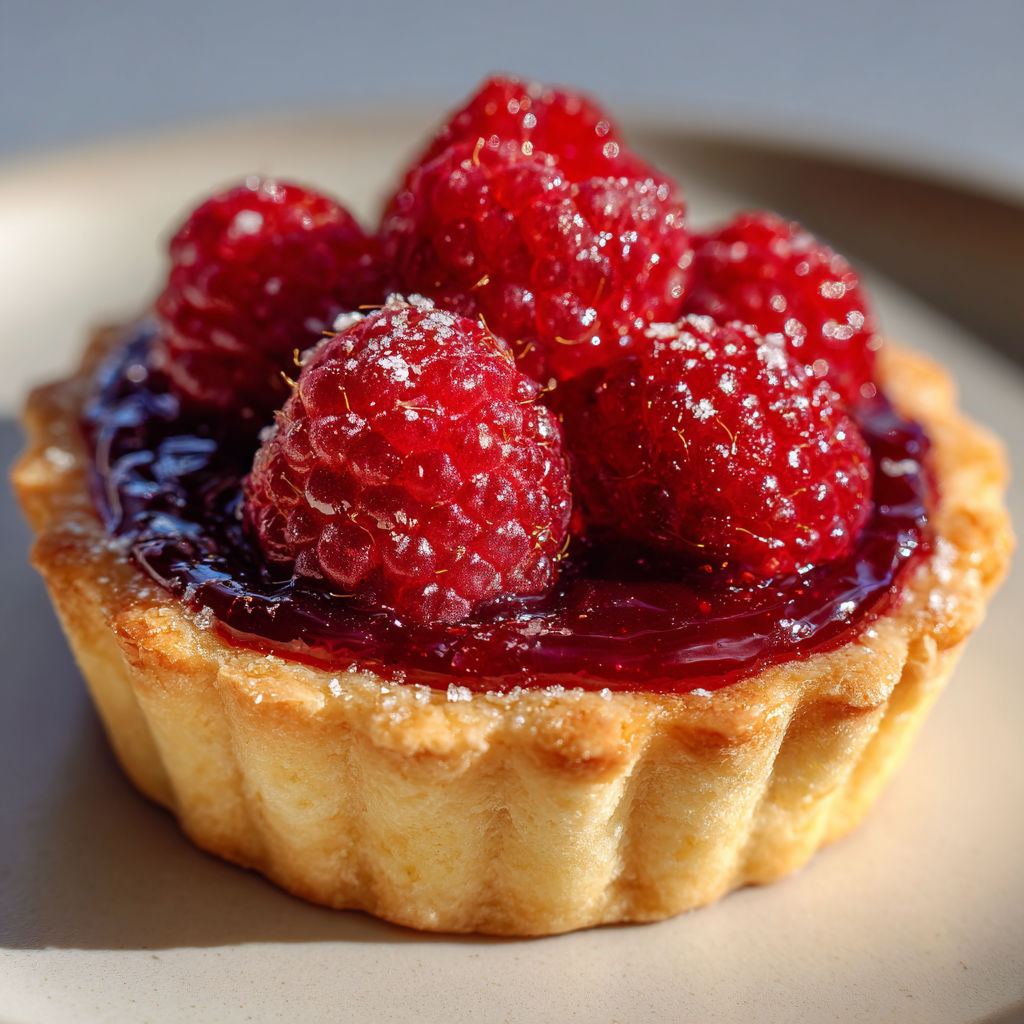 Une tartelette ronde avec des fraises rouges et noires dessus.