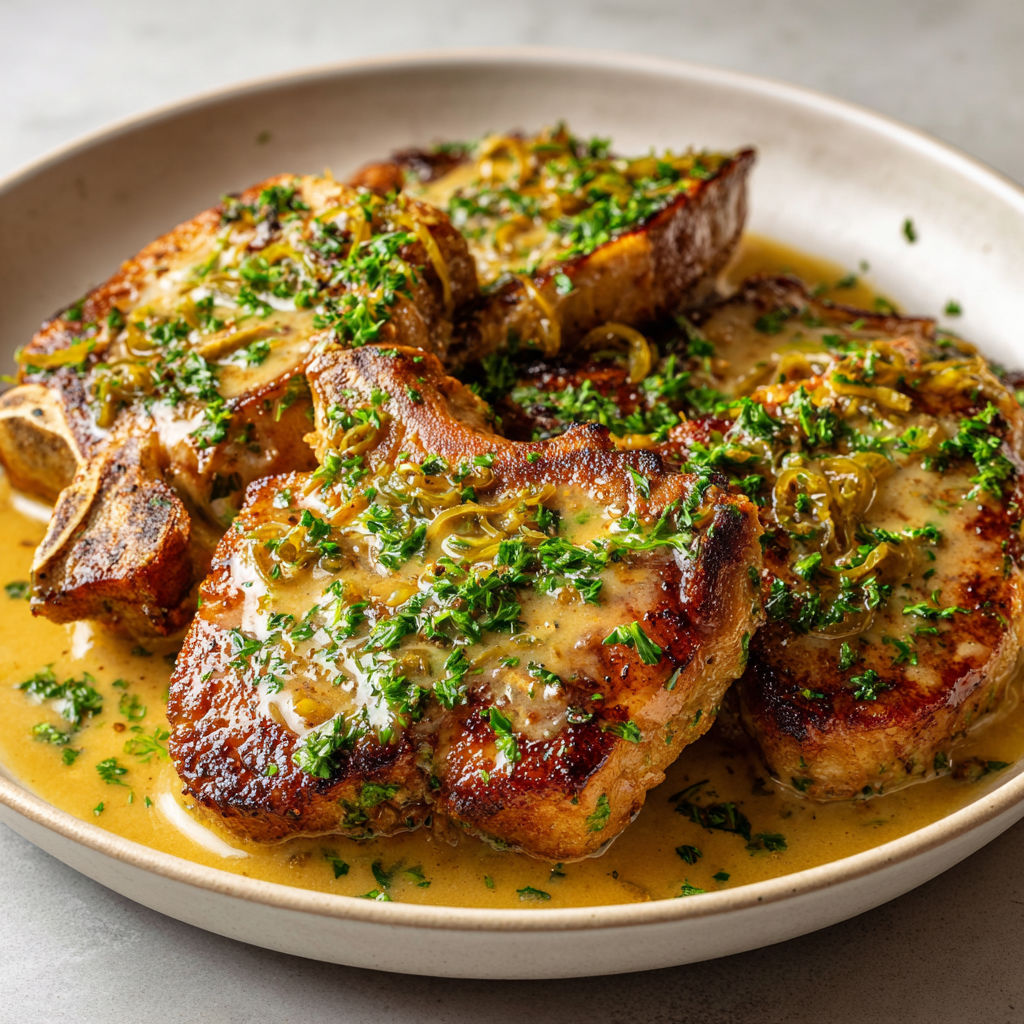 Une belle assiette de côtes de porc avec sauce charcutière, quelques herbes et un mélange d'épices pour le goût.