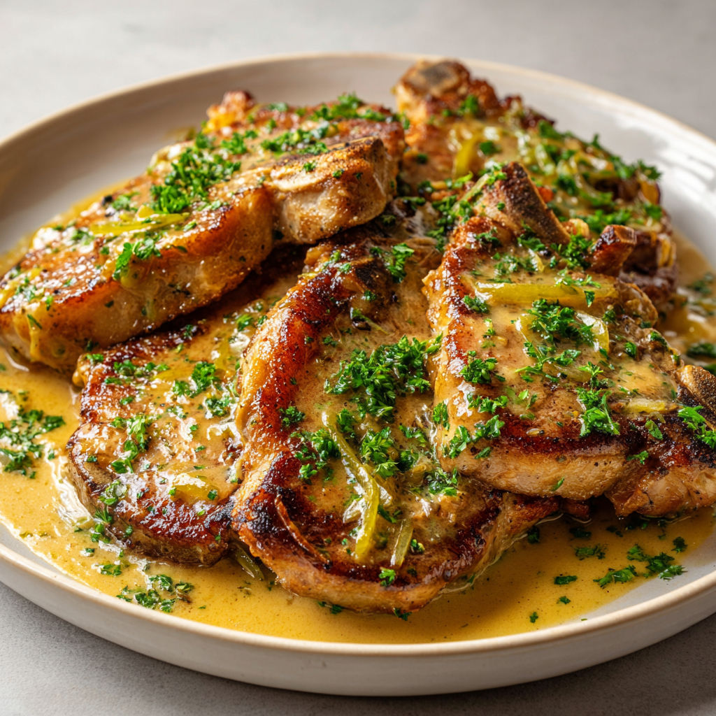 Une assiette de côtes de porc à la sauce charcutière, décorée de quelques herbes et légumes, prête à être dégustée.