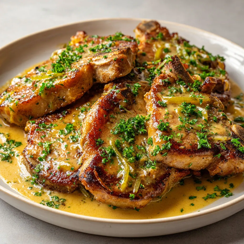 Une assiette de côtes de porc à la sauce charcutière, décorée de quelques herbes et légumes, prête à être dégustée.
