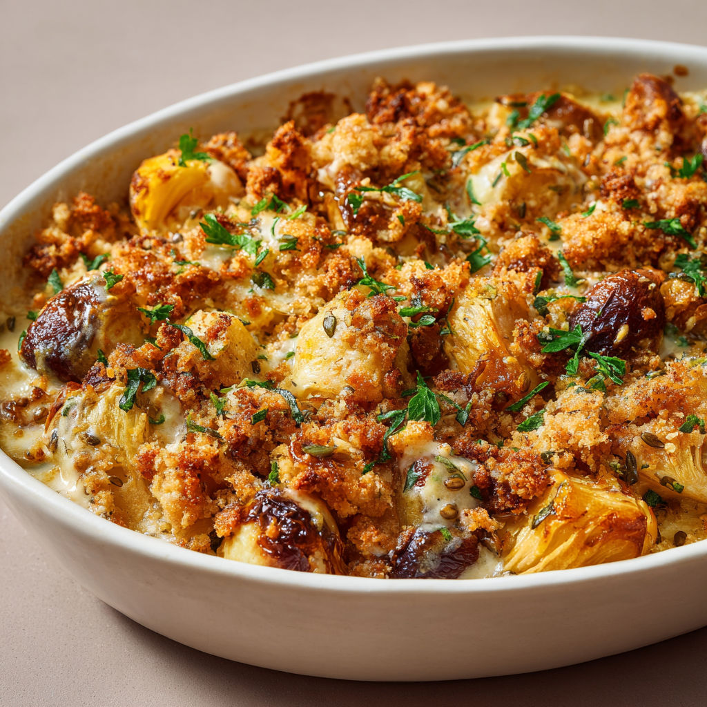 Un bol contenant un mélange savoureux de légumes anciens et d'un crumble doré, accompagné d'herbes fraîches.