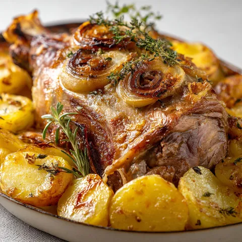 Un gigot d'agneau fondant accompagné de pommes de terre dorées.