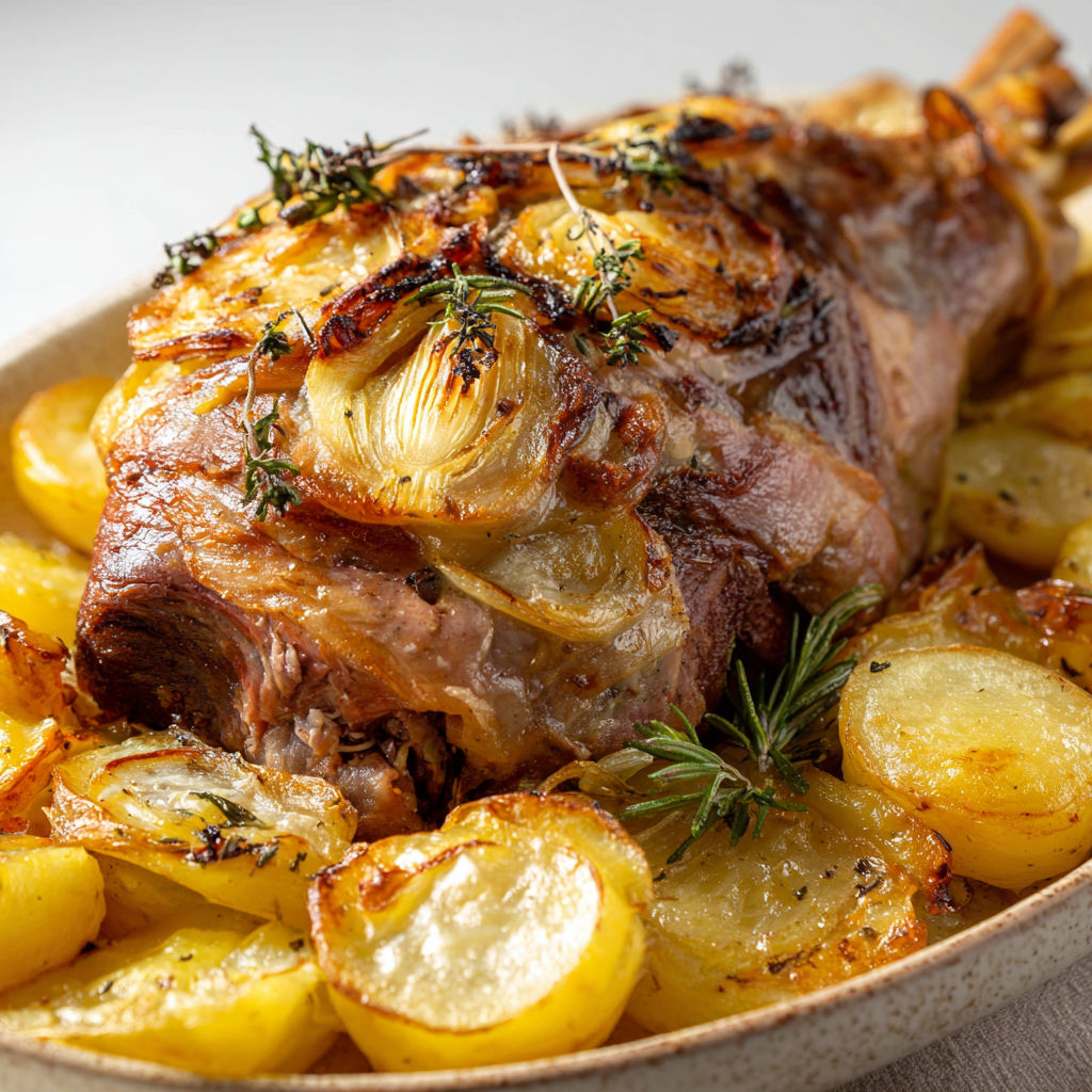 Un gigot d'agneau et des pommes de terre boulangères dorés ensemble en plat.