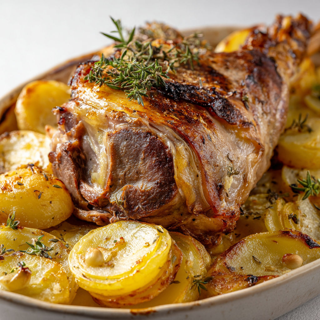 Un gigot d'agneau et pommes de terre boulangères servis tout chauds.
