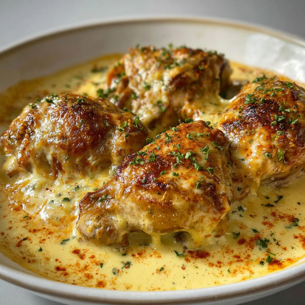Poulet Gaston Gérard avec sauce crémeuse et comté fondu.
