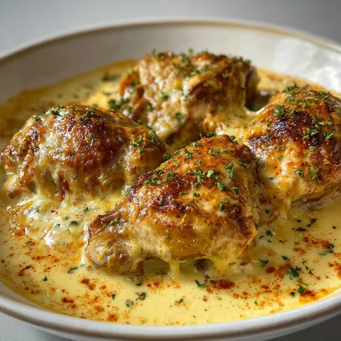 Poulet Gaston Gérard avec sauce crémeuse et comté fondu.
