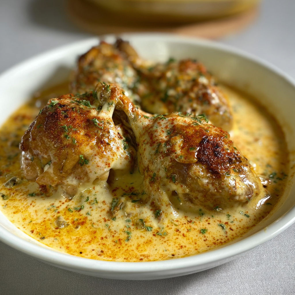 Une belle assiette de poulet Gaston Gérard attend sur la table.