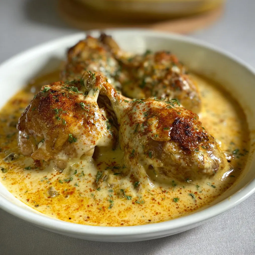 Une belle assiette de poulet Gaston Gérard attend sur la table.