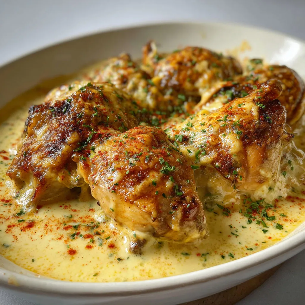 Un plat fumant de poulet Gaston Gérard servi dans un grand bol blanc.