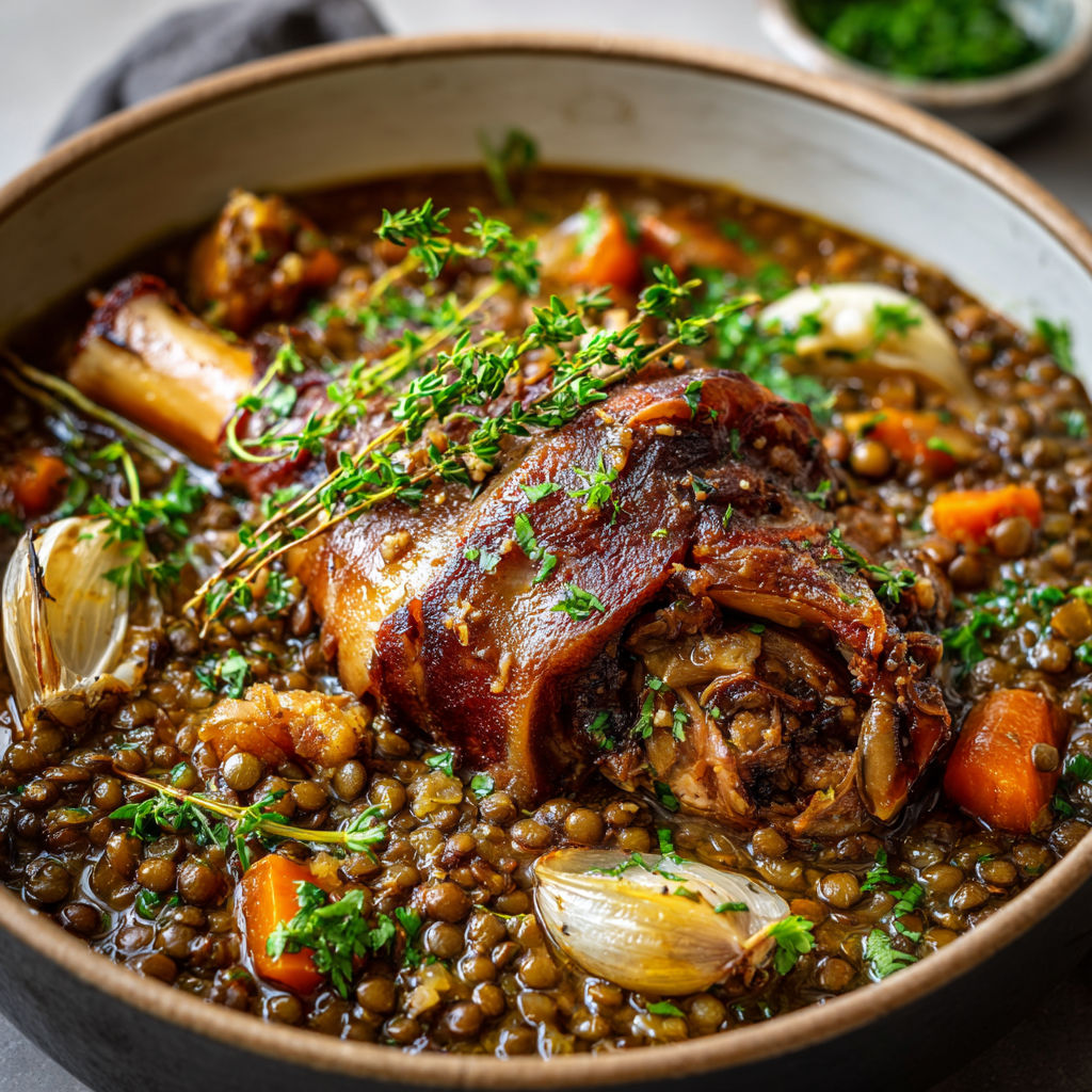 Un bol garni de porc tendre, lentilles et légumes parfumés aux herbes.