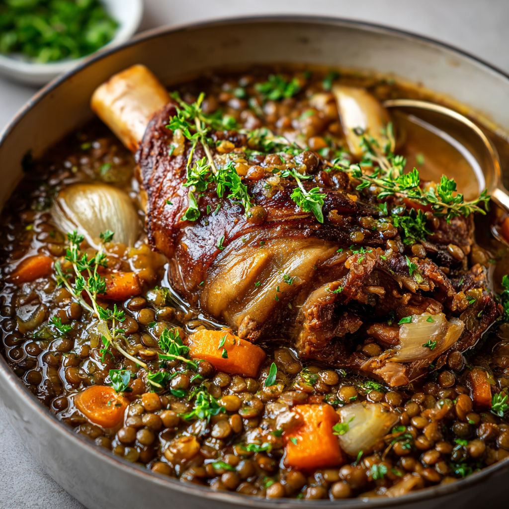 Jarret de porc ultra fondant et lentilles aux herbes doucement mijotées.
