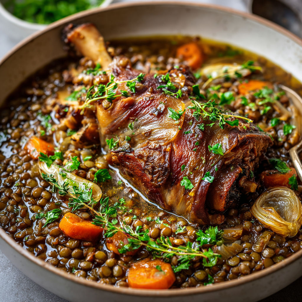 Jarret de porc à l’ancienne avec lentilles parfumées et légumes fondants.