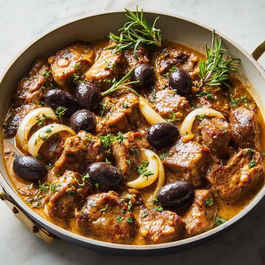 Un délicieux Sauté de veau avec olives et herbes, présenté dans un bol, parfait pour un repas chaleureux.