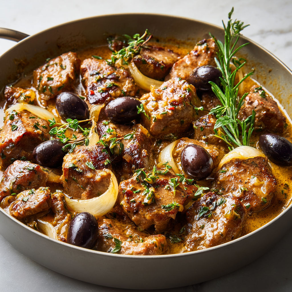 Du veau tendre cuisiné aux olives et herbes méditerranéennes.