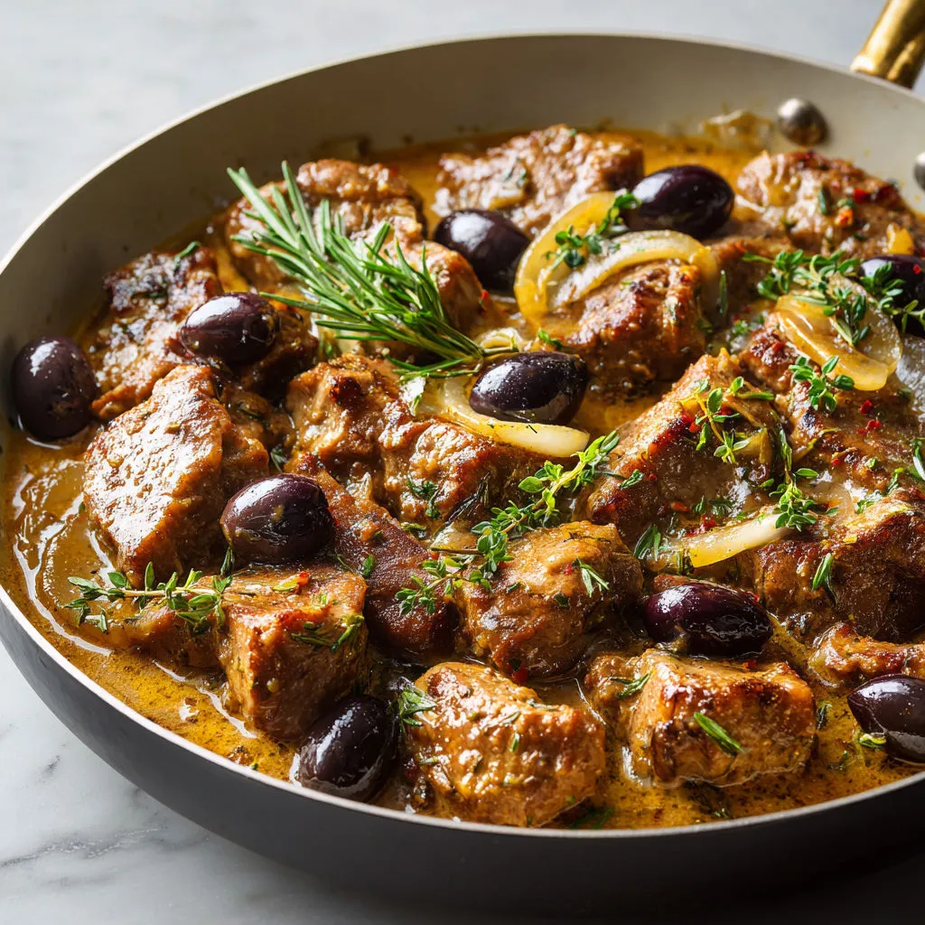 Veau mijoté aux olives façon traditionnelle, bien savoureux.