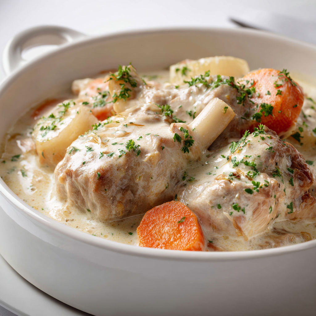 Blanquette de veau et légumes présentée dans un bol.