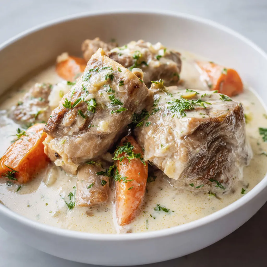 Plat mijoté de veau tendre, sauce onctueuse et légumes fondants.