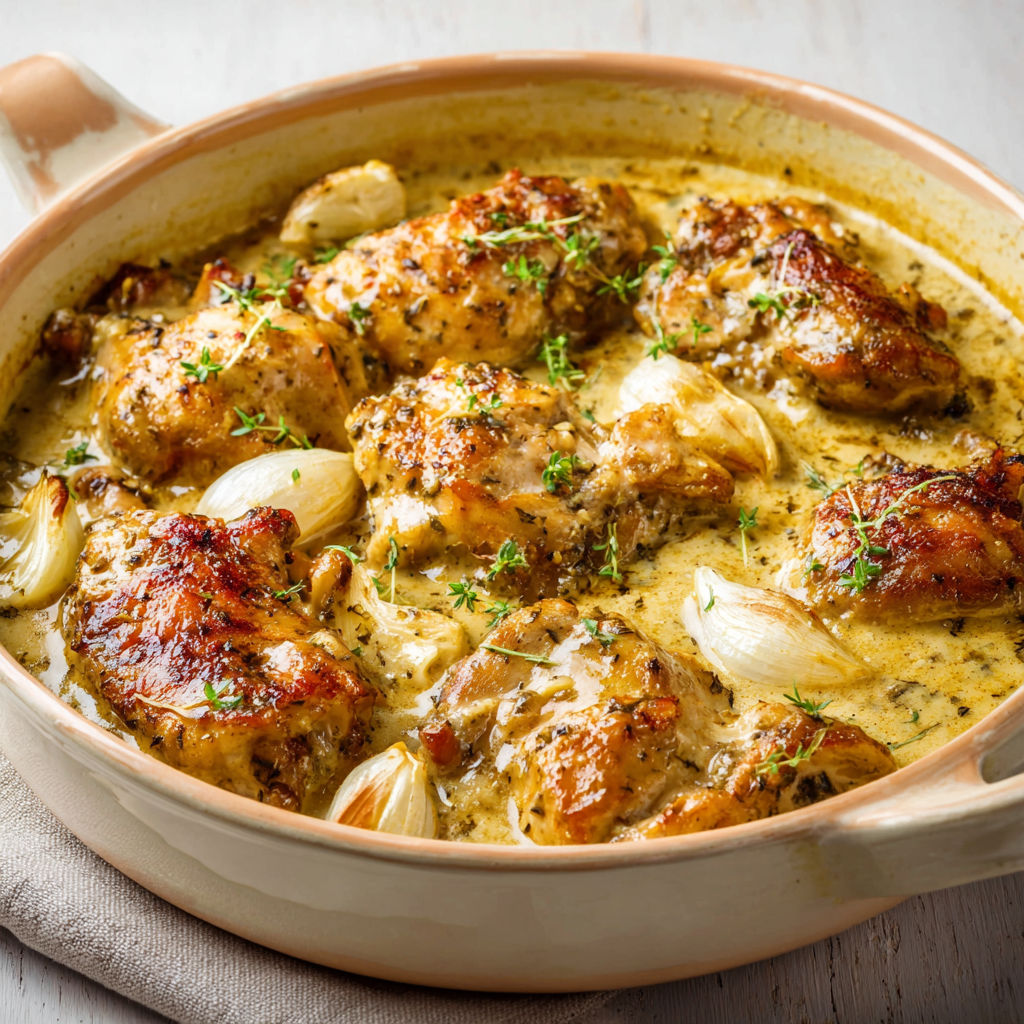 Un savoureux lapin tendre nappé d’une sauce moutarde crémeuse.