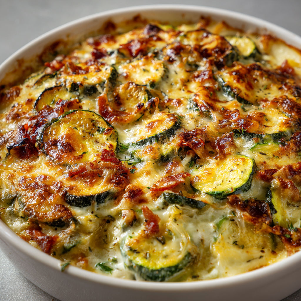 Un gratin gourmand de courgettes et lardons, présenté dans un plat élégant.