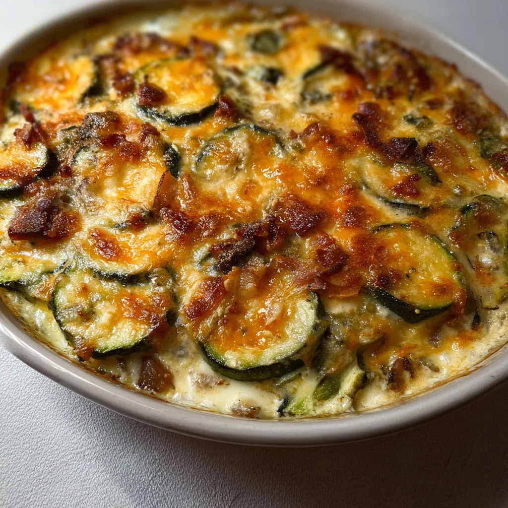 Gratin de courgettes aux lardons servi dans un bol, tout juste sorti du four.
